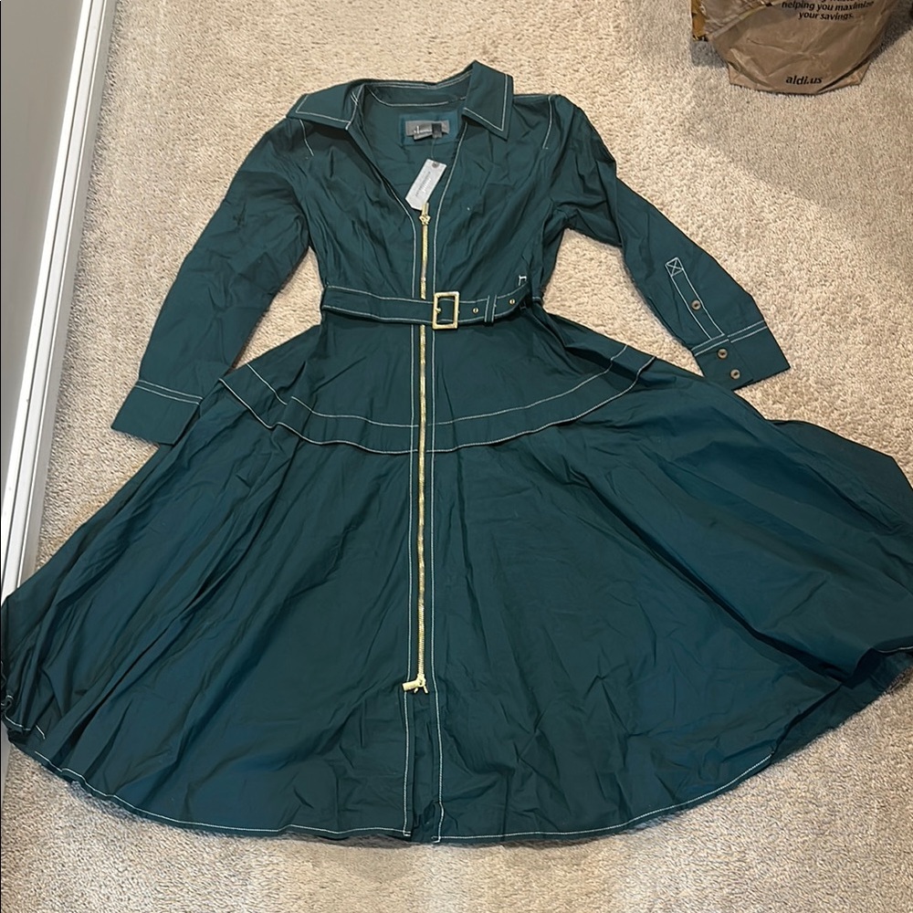 By Anthropologie Long-Sleeve Belted Front-Zip Midi Dress